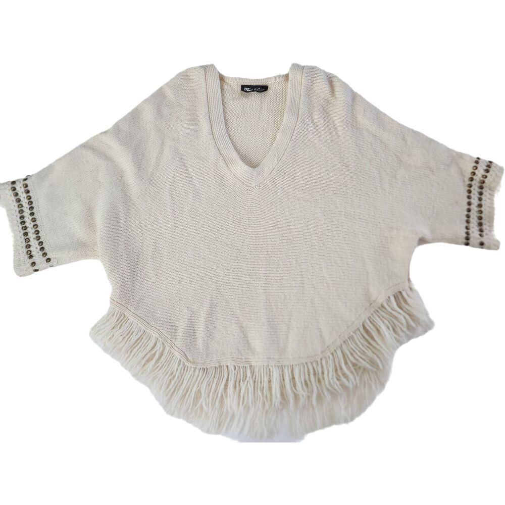 Tail Bait Oversized Cream V-Neck Fringe Wool Blend Sweater Size S